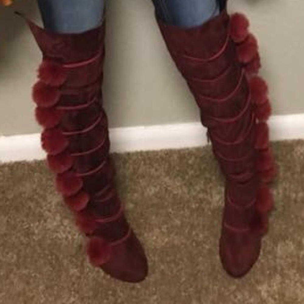 Maroon Pom Pom heeled boots